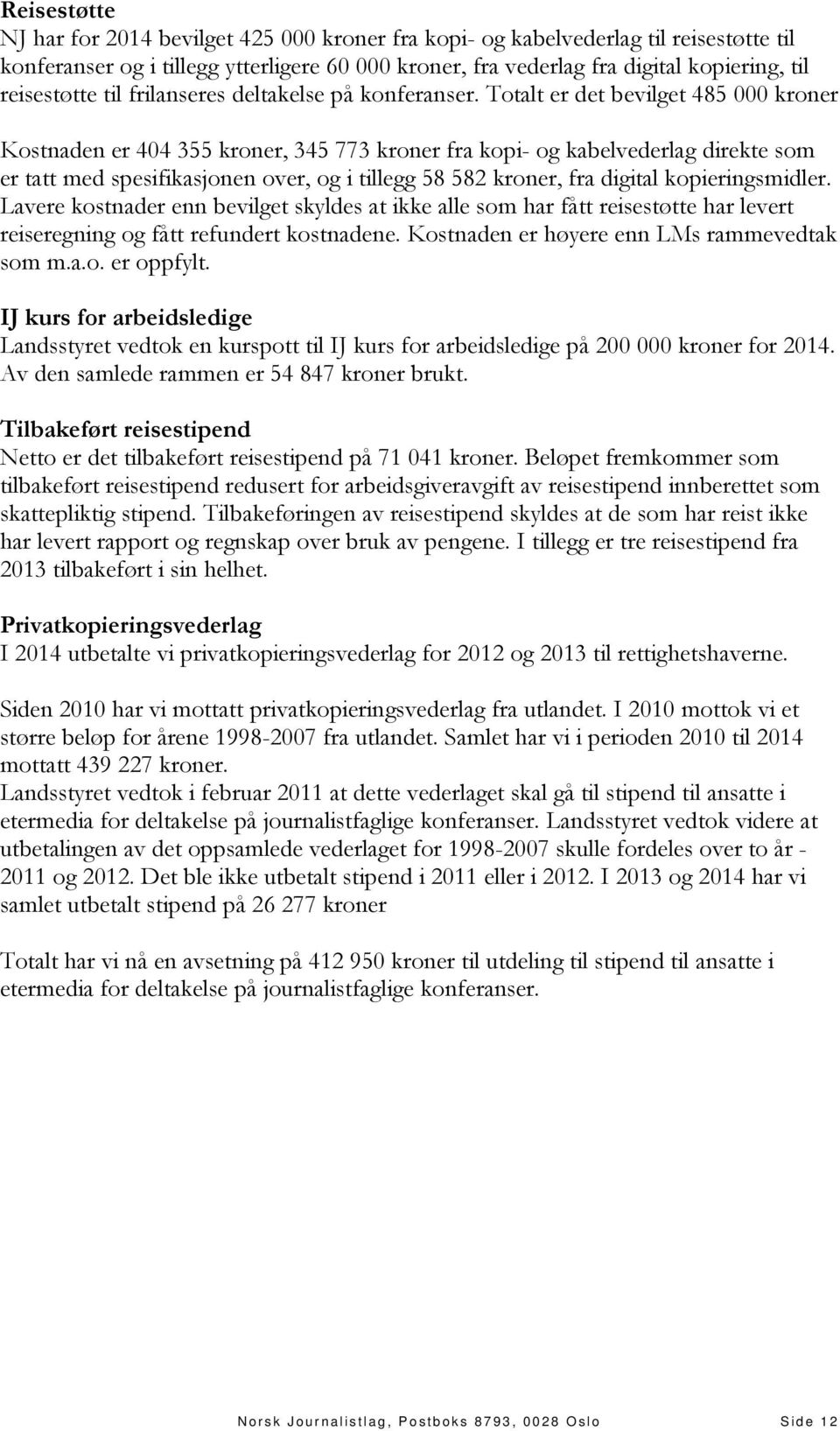 Totalt er det bevilget 485 000 kroner Kostnaden er 404 355 kroner, 345 773 kroner fra kopi- og kabelvederlag direkte som er tatt med spesifikasjonen over, og i tillegg 58 582 kroner, fra digital