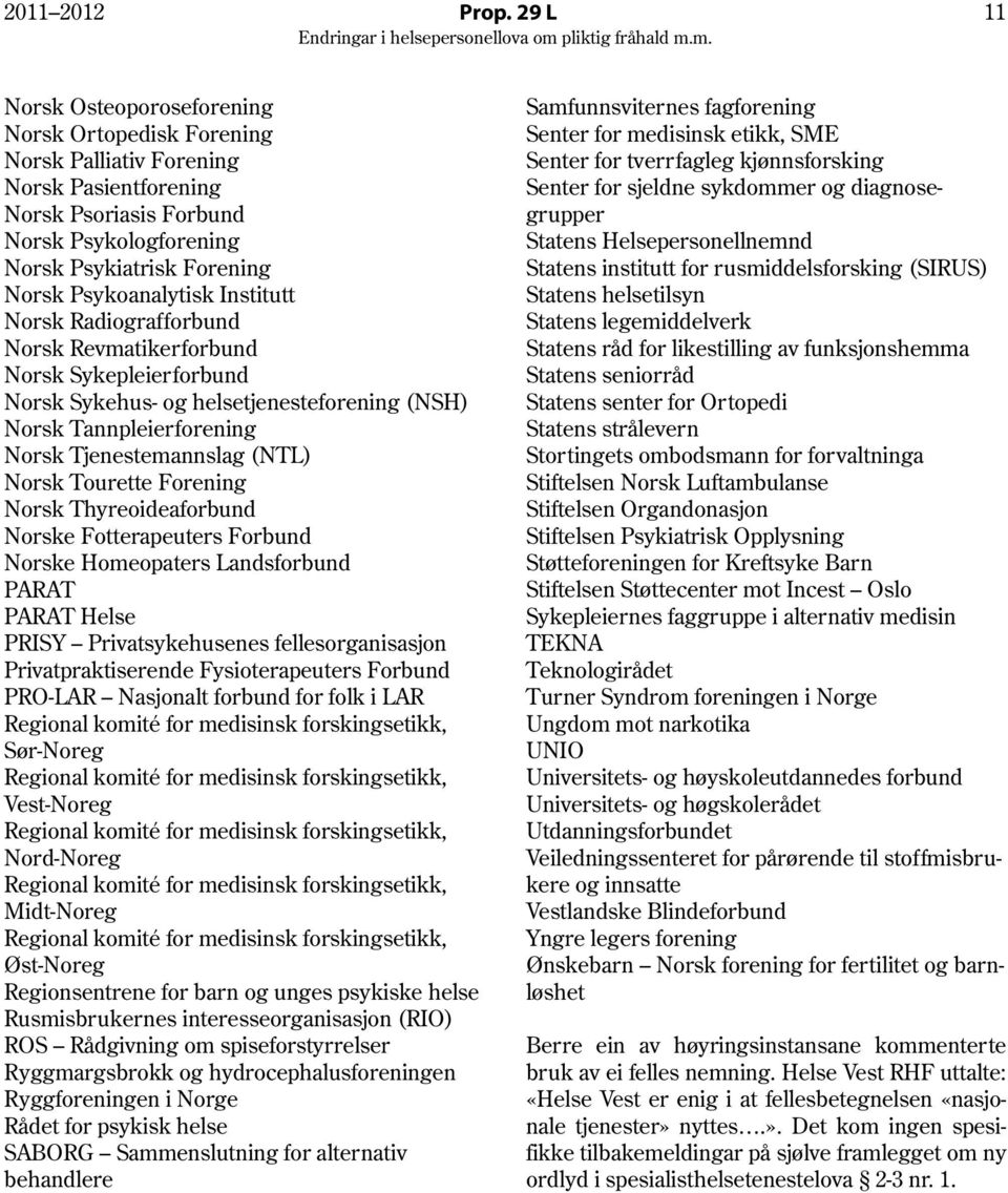 Psykoanalytisk Institutt Norsk Radiografforbund Norsk Revmatikerforbund Norsk Sykepleierforbund Norsk Sykehus- og helsetjenesteforening (NSH) Norsk Tannpleierforening Norsk Tjenestemannslag (NTL)