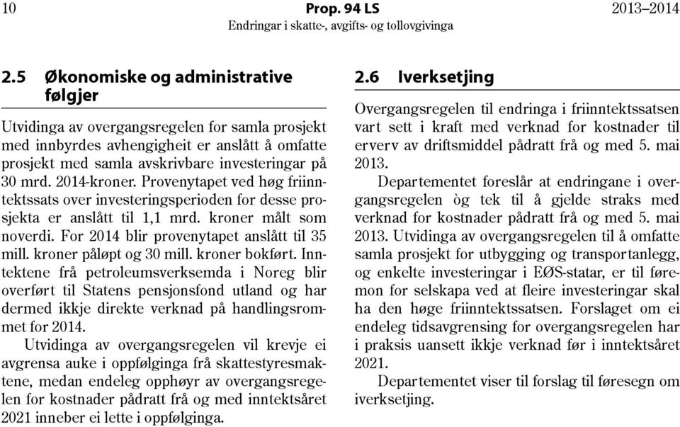 2014-kroner. Provenytapet ved høg friinntektssats over investeringsperioden for desse prosjekta er anslått til 1,1 mrd. kroner målt som noverdi. For 2014 blir provenytapet anslått til 35 mill.