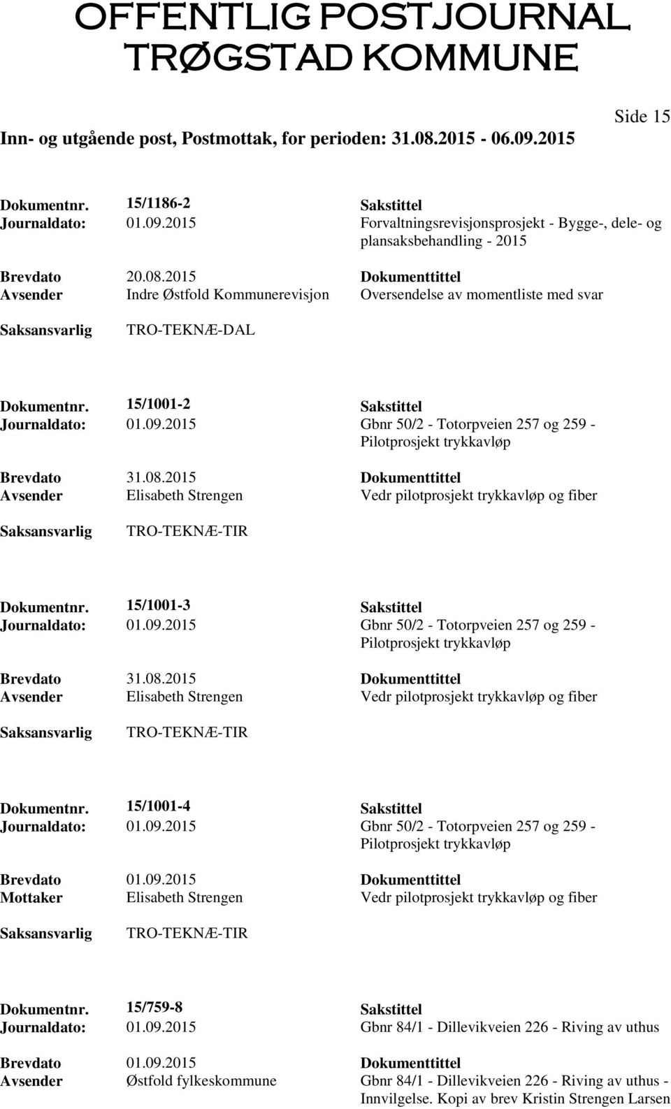 2015 Gbnr 50/2 - Totorpveien 257 og 259 - Pilotprosjekt trykkavløp Avsender Elisabeth Strengen Vedr pilotprosjekt trykkavløp og fiber Dokumentnr. 15/1001-3 Sakstittel Journaldato: 01.09.