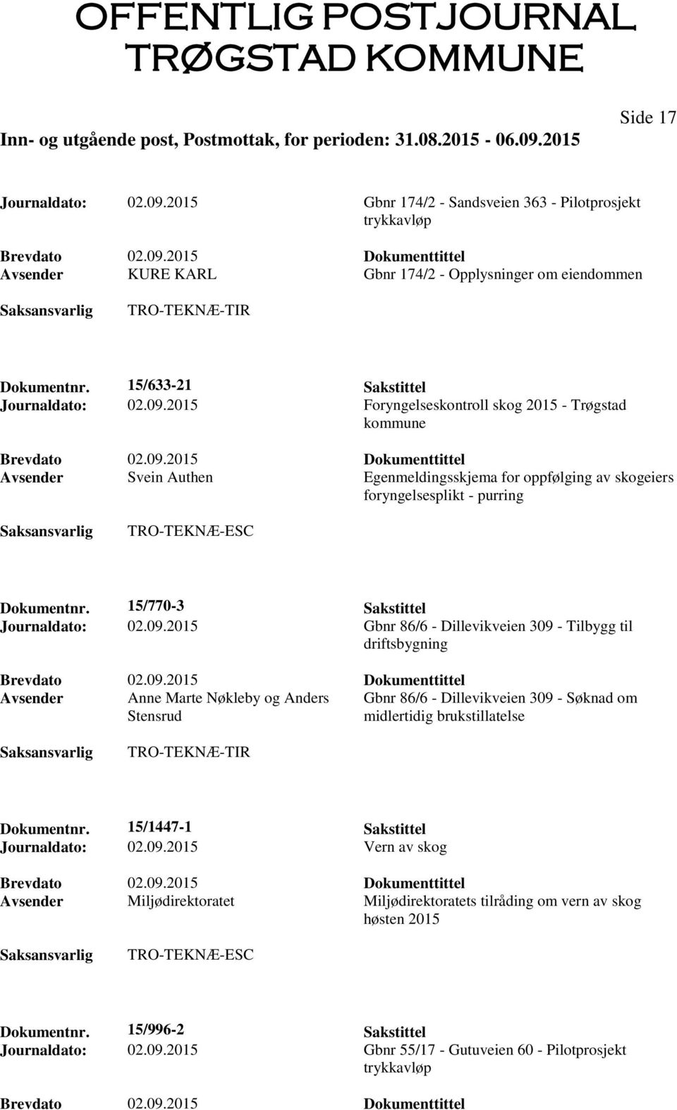 2015 Foryngelseskontroll skog 2015 - Trøgstad kommune Avsender Svein Authen Egenmeldingsskjema for oppfølging av skogeiers foryngelsesplikt - purring TRO-TEKNÆ-ESC Dokumentnr.
