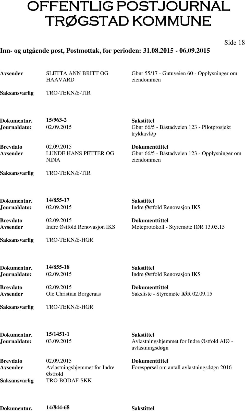 14/855-17 Sakstittel Journaldato: 02.09.2015 Indre Østfold Renovasjon IKS Avsender Indre Østfold Renovasjon IKS Møteprotokoll - Styremøte IØR 13.05.15 TRO-TEKNÆ-HGR Dokumentnr.