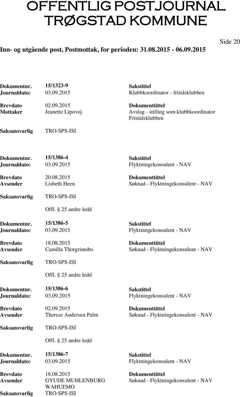 2015 Dokumenttittel Avsender Lisbeth Heen Søknad - Flyktningekonsulent - NAV Dokumentnr. 15/1386-5 Sakstittel Brevdato 18.08.