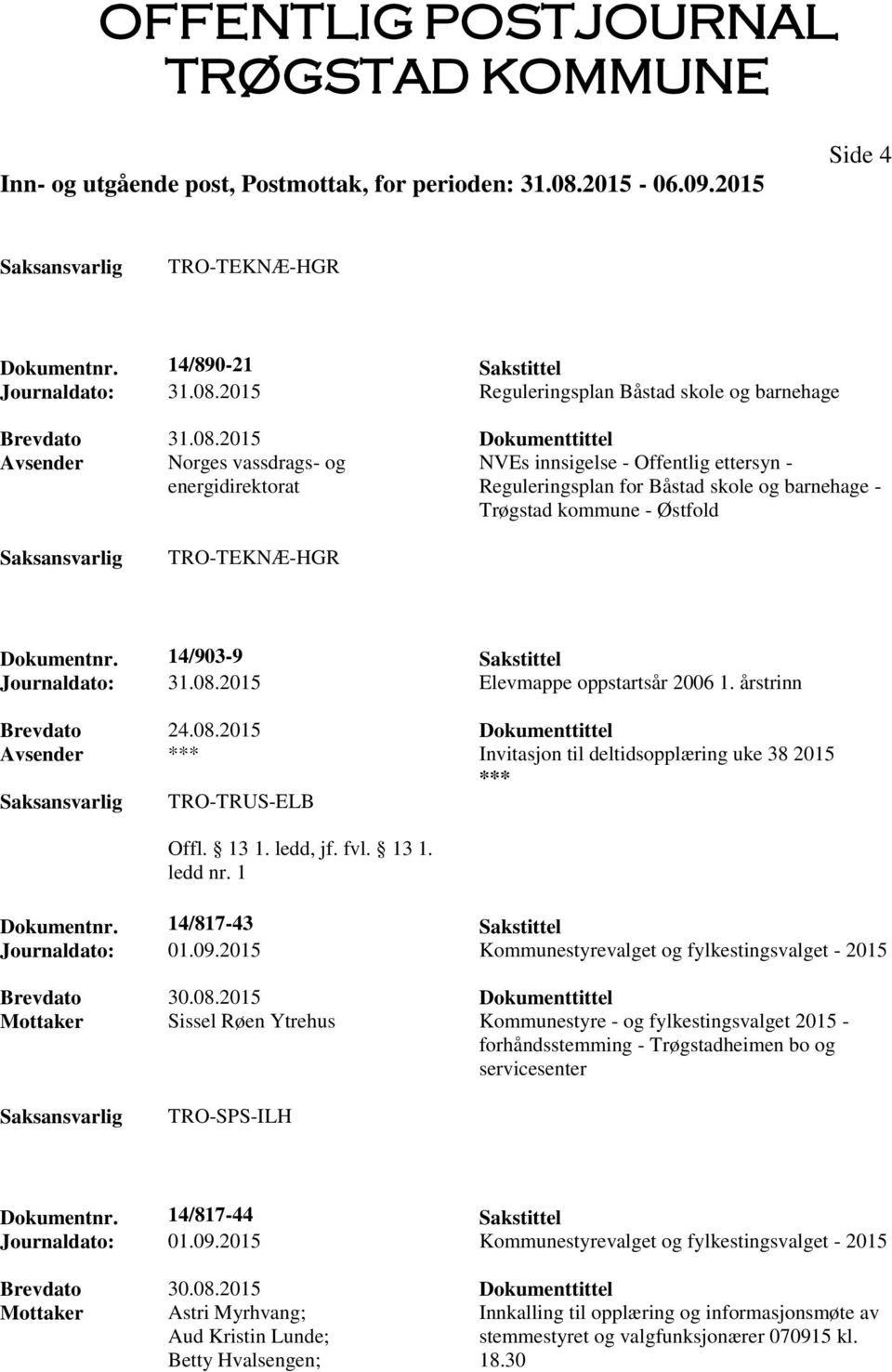 Østfold TRO-TEKNÆ-HGR Dokumentnr. 14/903-9 Sakstittel Journaldato: 31.08.2015 Elevmappe oppstartsår 2006 1. årstrinn Brevdato 24.08.2015 Dokumenttittel Avsender Invitasjon til deltidsopplæring uke 38 2015 TRO-TRUS-ELB Dokumentnr.