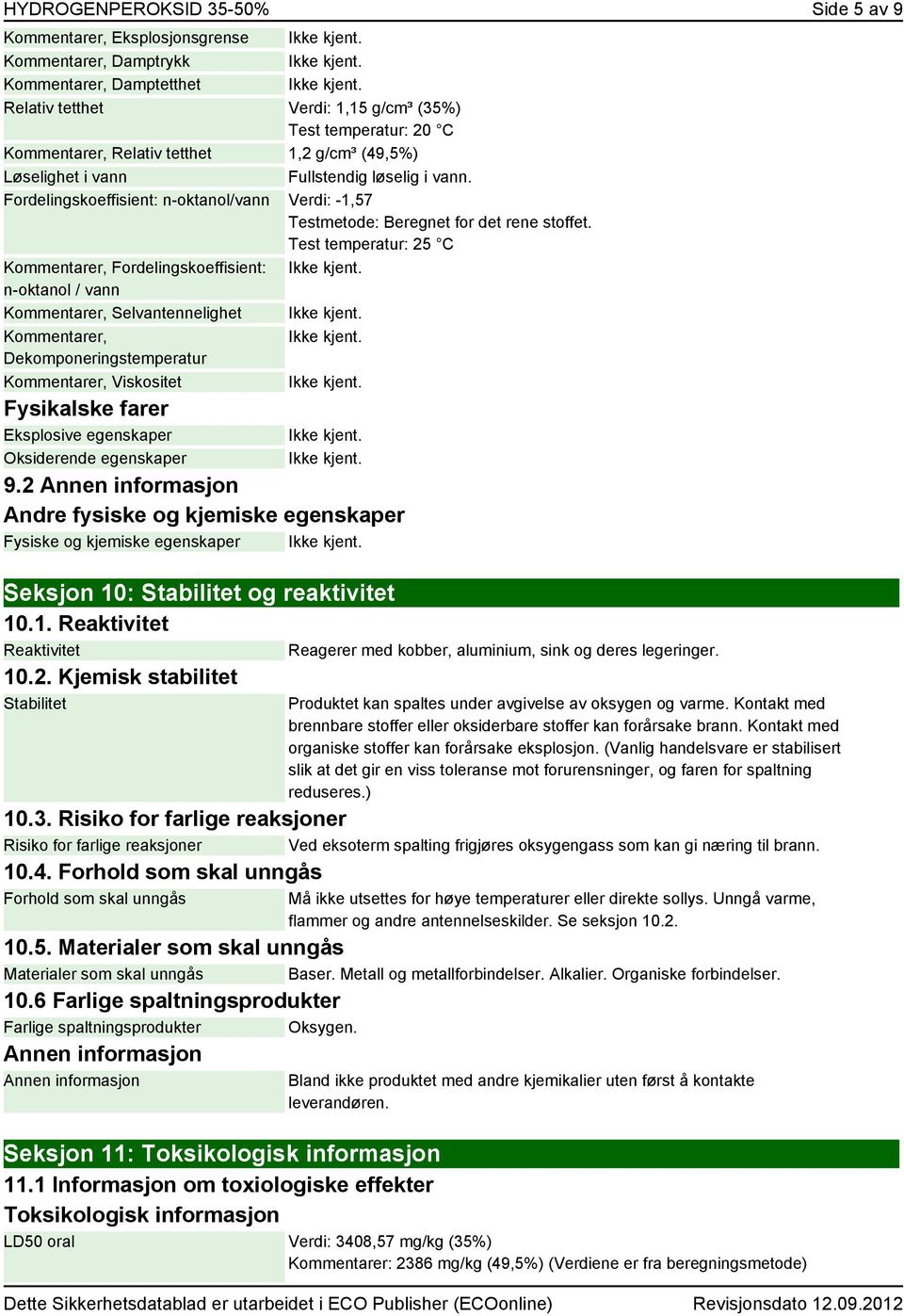 Test temperatur: 25 C Kommentarer, Fordelingskoeffisient: n-oktanol / vann Kommentarer, Selvantennelighet Kommentarer, Dekomponeringstemperatur Kommentarer, Viskositet Fysikalske farer Eksplosive