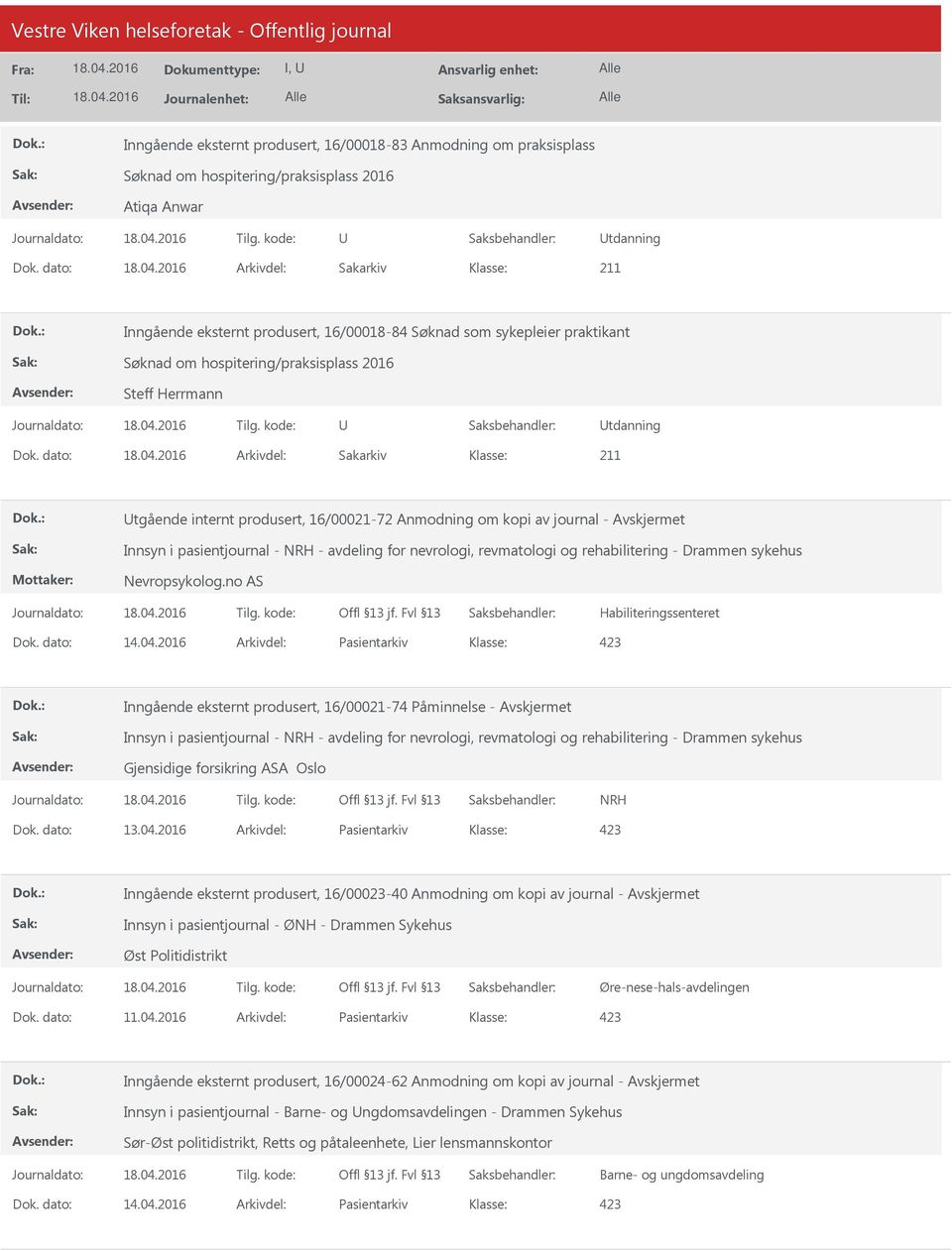 dato: Arkivdel: Sakarkiv tgående internt produsert, 16/00021-72 Anmodning om kopi av journal - Innsyn i pasientjournal - NRH - avdeling for nevrologi, revmatologi og rehabilitering - Drammen sykehus