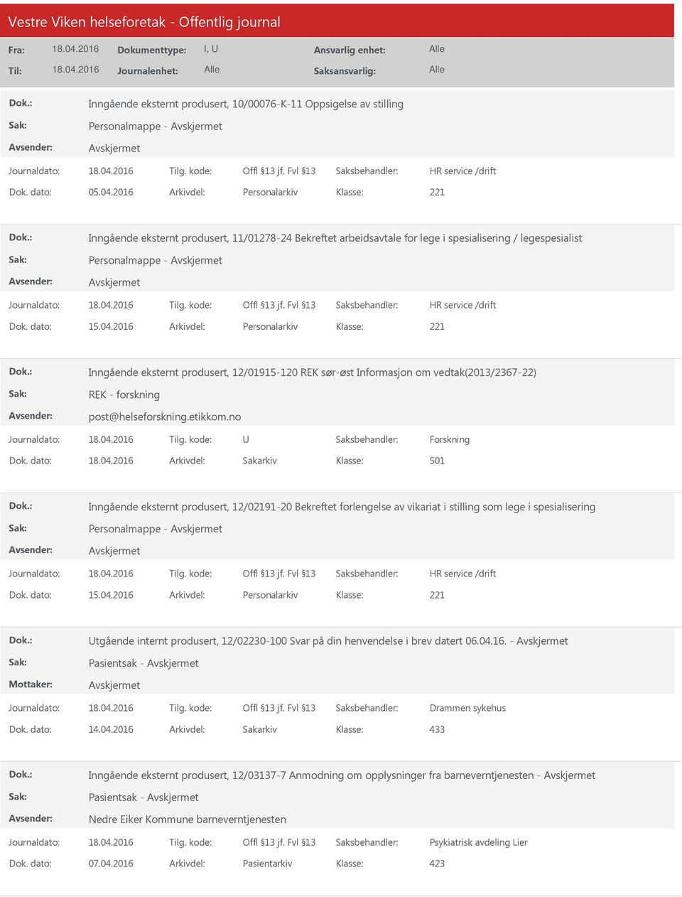 2016 Arkivdel: Personalarkiv Inngående eksternt produsert, 12/01915-120 REK sør-øst Informasjon om vedtak(2013/2367-22) REK - forskning post@helseforskning.etikkom.no Forskning Dok.