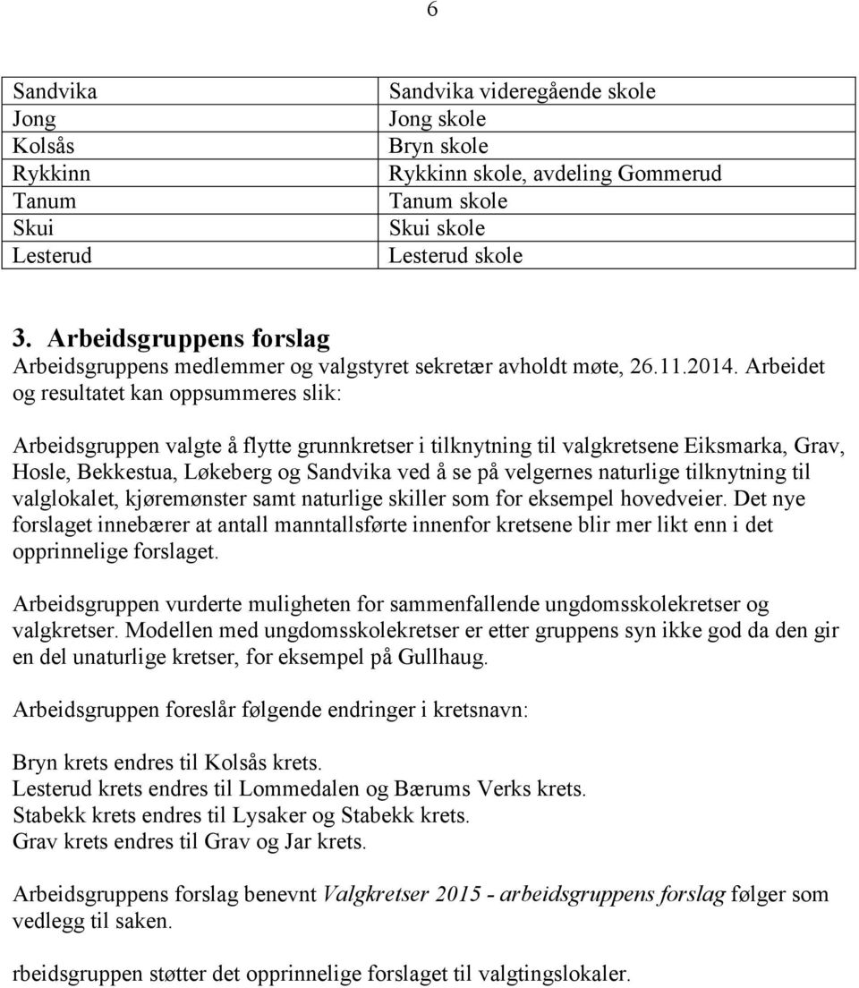 Arbeidet og resultatet kan oppsummeres slik: Arbeidsgruppen valgte å flytte grunnkretser i tilknytning til valgkretsene Eiksmarka, Grav, Hosle, Bekkestua, Løkeberg og Sandvika ved å se på velgernes