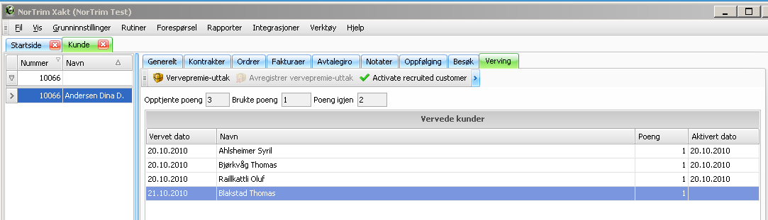 Uttak av vervepremie(r) I kunderegisteret går du inn på personen som skal ha sin vervepremie. Klikk på fanen Verving Her ser du en liste over alle de kundene som er vervet av denne personen.