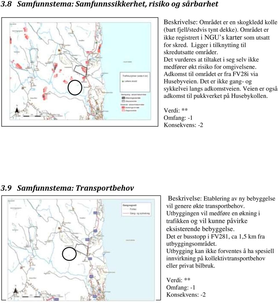 Det er ikke gang- og sykkelvei langs adkomstveien. Veien er også adkomst til pukkverket på Husebykollen. Verdi: ** Konsekvens: -2 3.