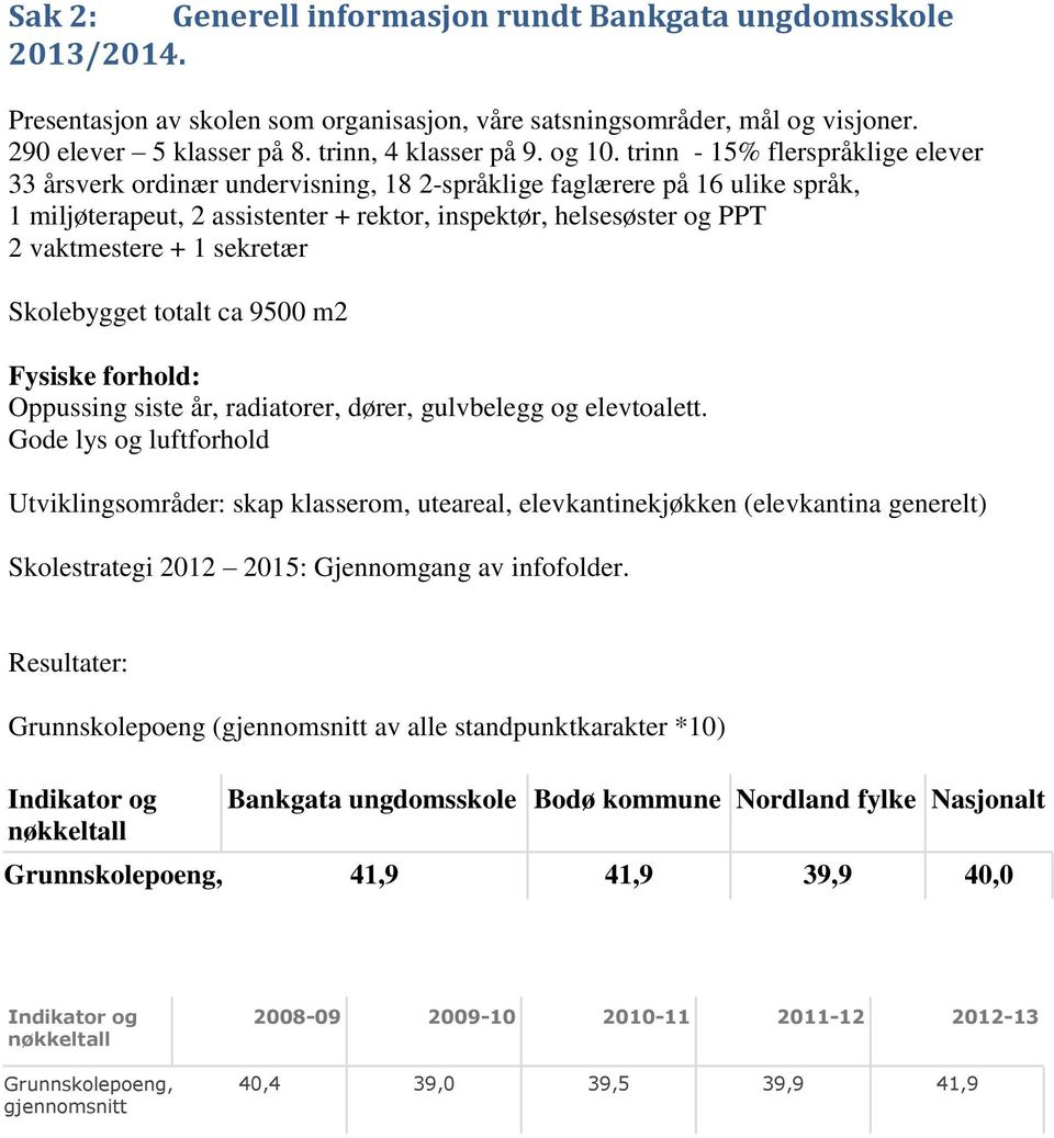 trinn - 15% flerspråklige elever 33 årsverk ordinær undervisning, 18 2-språklige faglærere på 16 ulike språk, 1 miljøterapeut, 2 assistenter + rektor, inspektør, helsesøster og PPT 2 vaktmestere + 1