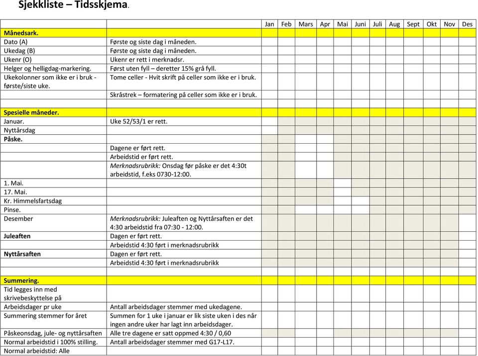 Tome celler - Hvit skrift på celler som ikke er i bruk. Skråstrek formatering på celler som ikke er i bruk. Uke 52/53/1 er rett. Dagene er ført rett. Arbeidstid er ført rett.