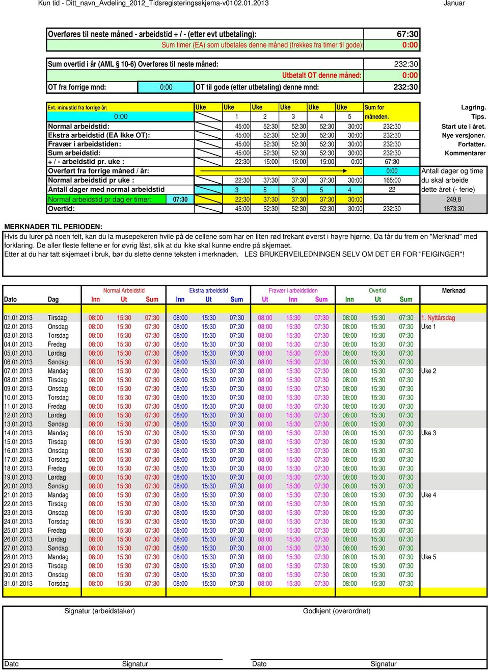 Sum arbeidstid: 45:00 52:30 52:30 52:30 3 Kommentarer 22:30 15:00 15:00 15:00 67:30 Overført fra forrige måned / år: Antall dager og time Normal arbeidstid pr uke : 22:30 37:30 37:30 37:30 3 165:00