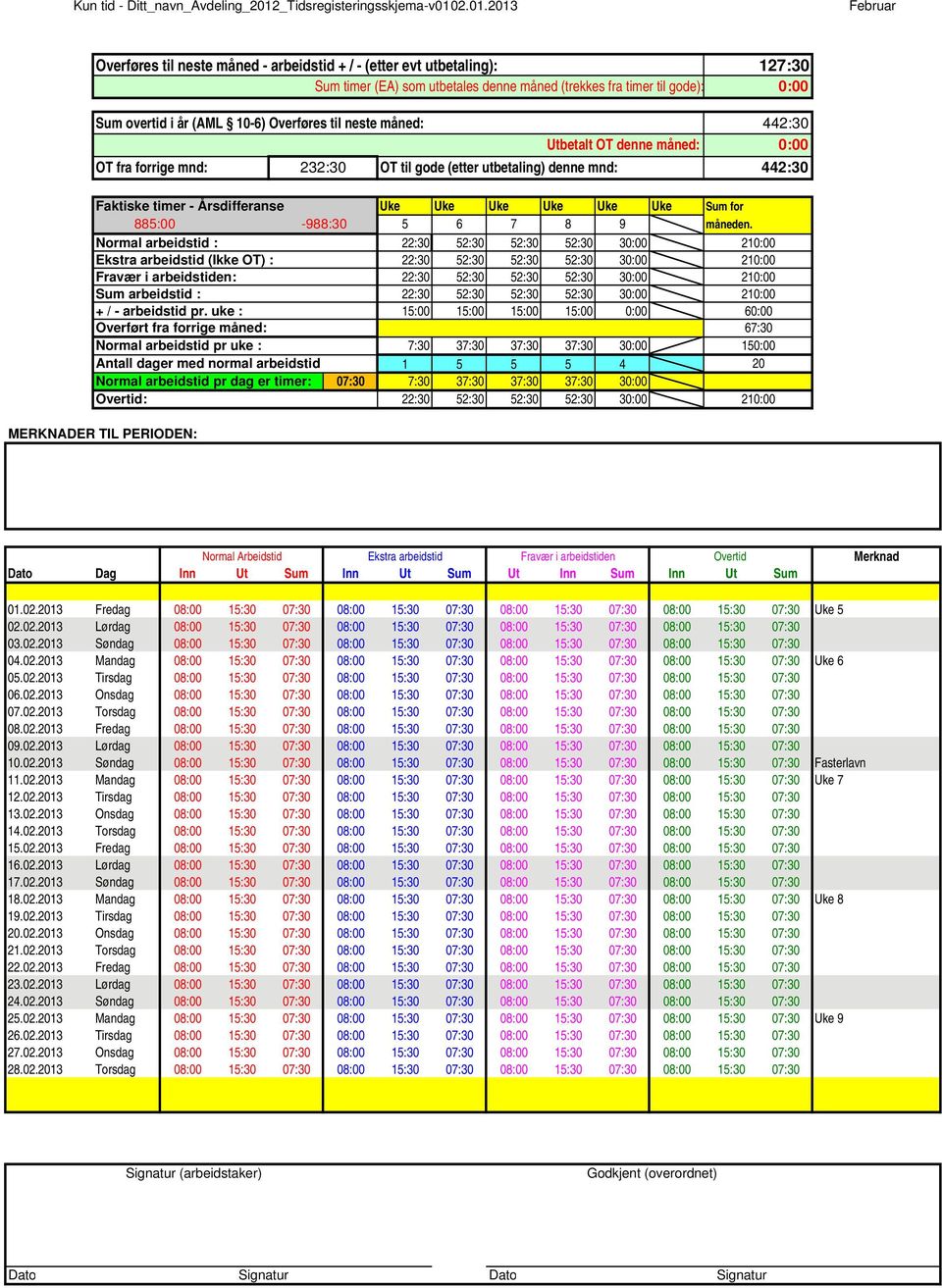 22:30 52:30 52:30 52:30 3 21 22:30 52:30 52:30 52:30 3 21 22:30 52:30 52:30 52:30 3 21 Sum arbeidstid : 22:30 52:30 52:30 52:30 3 21 15:00 15:00 15:00 15:00 6 67:30 Normal arbeidstid pr uke : 7:30