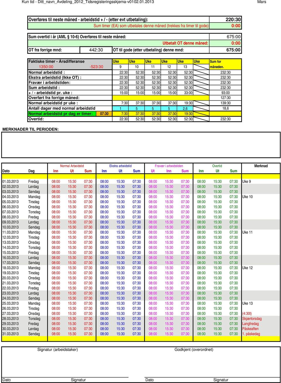 pr uke : 7:30 37:30 37:30 37:30 19:30 Antall dager med normal arbeidstid 1 5 5 5 2,6 Normal arbeidstid pr dag er timer: 07:30 7:30 37:30 37:30 37:30 19:30 22:30 52:30 52:30 52:30 52:30 Sum for