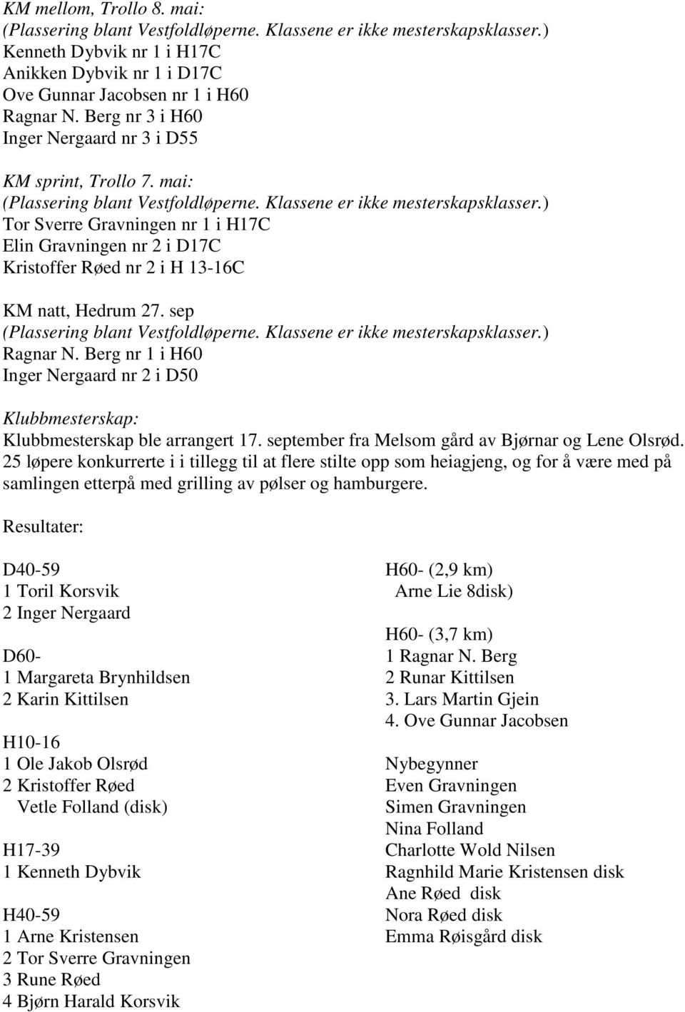 ) Tor Sverre Gravningen nr 1 i H17C Elin Gravningen nr 2 i D17C Kristoffer Røed nr 2 i H 13-16C KM natt, Hedrum 27. sep (Plassering blant Vestfoldløperne. Klassene er ikke mesterskapsklasser.