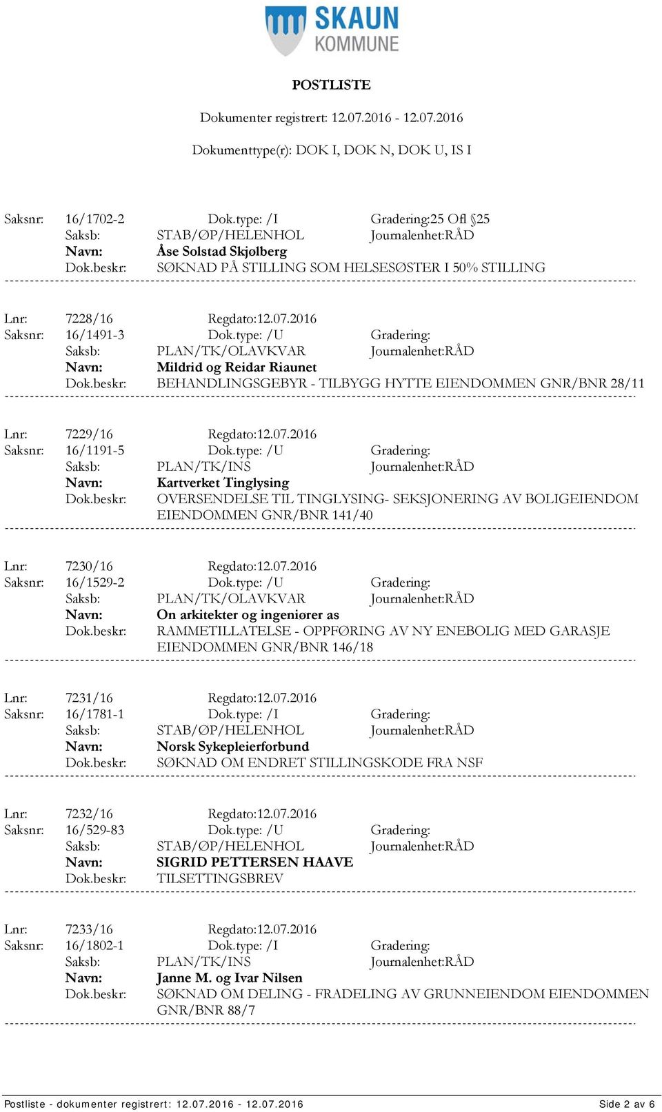 type: /U Gradering: Kartverket Tinglysing OVERSENDELSE TIL TINGLYSING- SEKSJONERING AV BOLIGEIENDOM EIENDOMMEN GNR/BNR 141/40 Lnr: 7230/16 Regdato:12.07.2016 Saksnr: 16/1529-2 Dok.