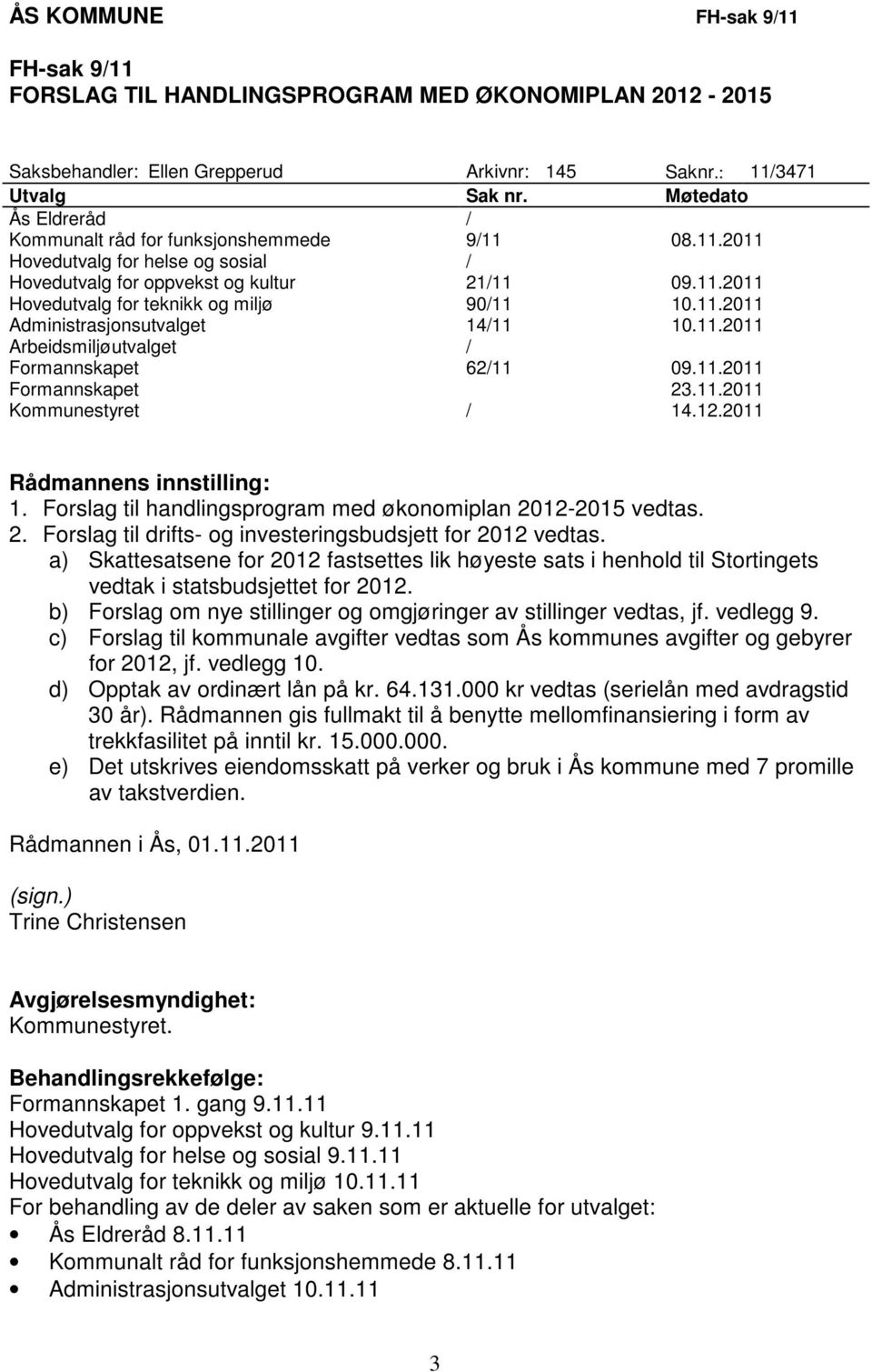 11.2011 Administrasjonsutvalget 14/11 10.11.2011 Arbeidsmiljøutvalget / Formannskapet 62/11 09.11.2011 Formannskapet 23.11.2011 Kommunestyret / 14.12.2011 Rådmannens innstilling: 1.