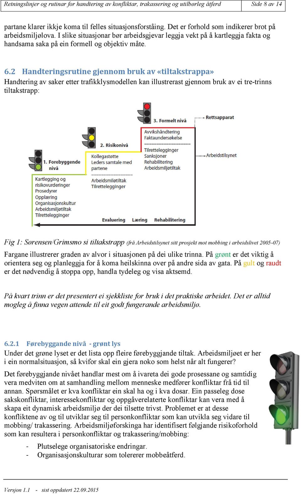 2 Handteringsrutine gjennom bruk av «tiltakstrappa» Handtering av saker etter trafikklysmodellen kan illustrerast gjennom bruk av ei tre-trinns tiltakstrapp: Fig 1: Sørensen/Grimsmo si tiltakstrapp