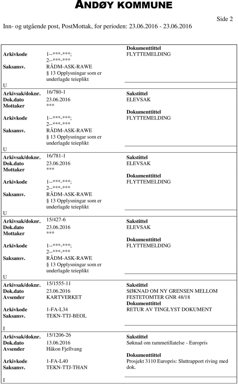 15/1555-11 Sakstittel Dok.dato 23.06.2016 SØKNAD OM NY GRENSEN MELLOM Avsender KARTVERKET FESTETOMTER GNR 48/18 Arkivkode 1-FA-L34 RETR AV TNGLYST DOKMENT Saksansv.