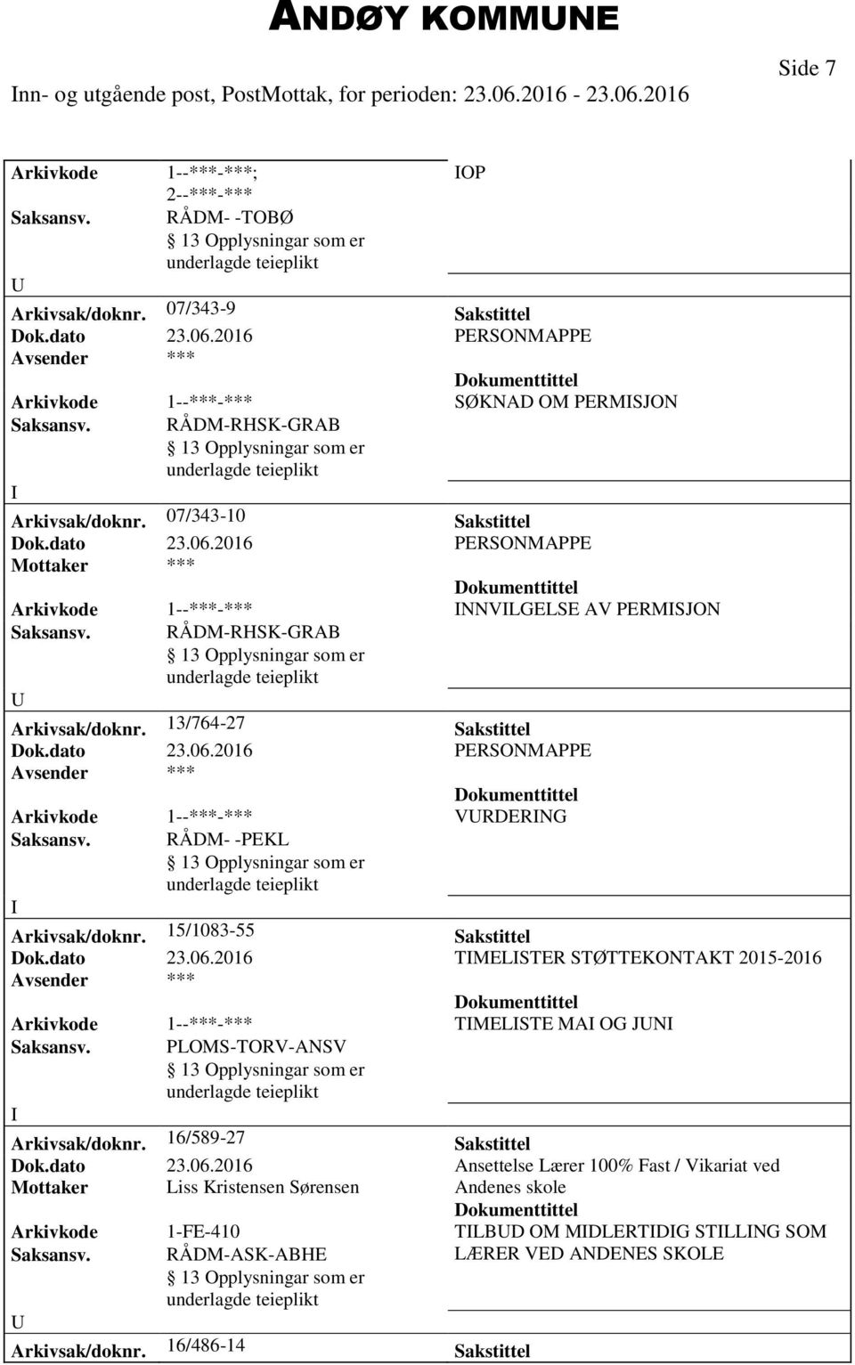 dato 23.06.2016 PERSONMAPPE Arkivkode 1--***-*** VRDERNG Saksansv. RÅDM- -PEKL Arkivsak/doknr. 15/1083-55 Sakstittel Dok.dato 23.06.2016 TMELSTER STØTTEKONTAKT 2015-2016 Arkivkode 1--***-*** TMELSTE MA OG JN Saksansv.