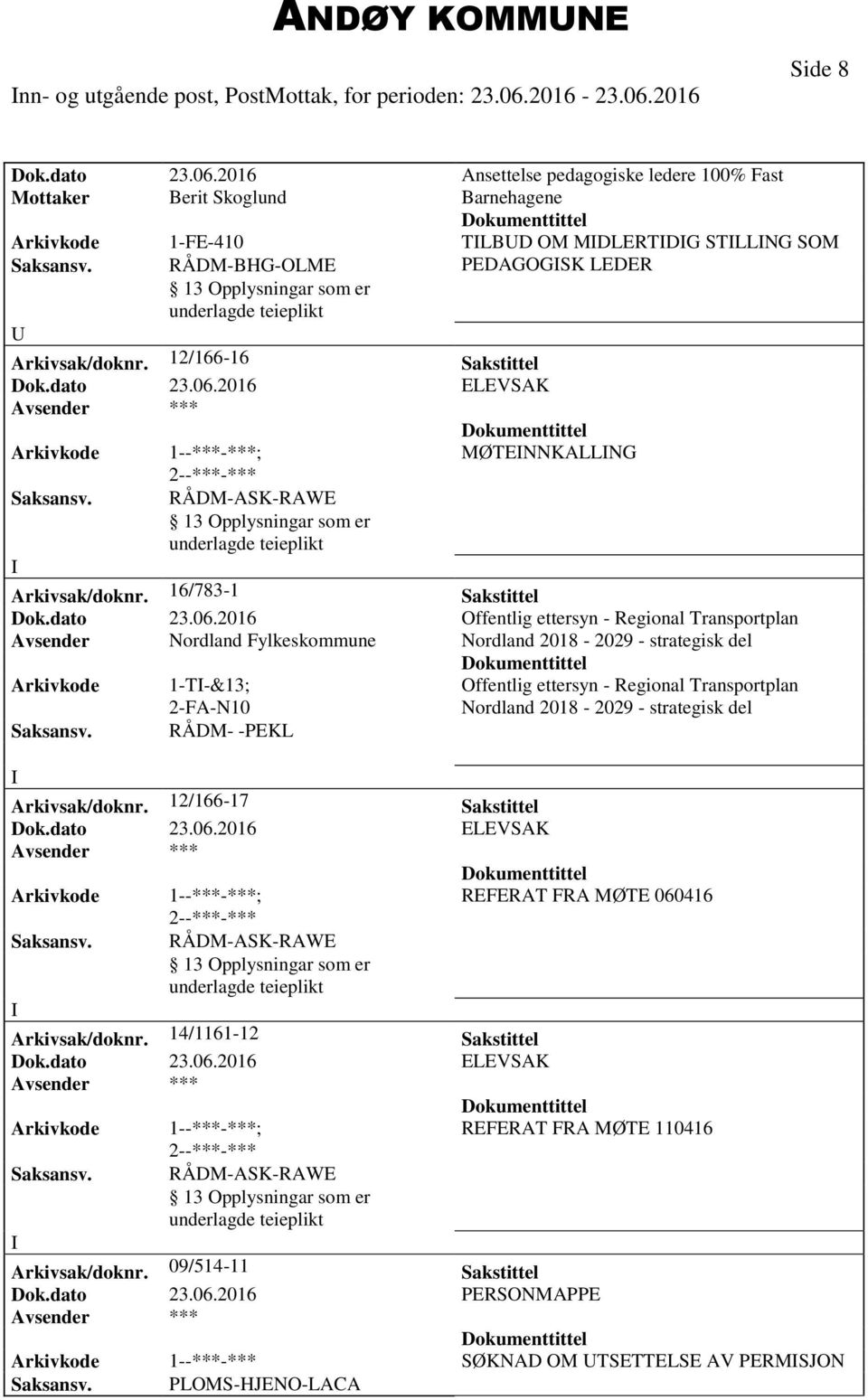 RÅDM-BHG-OLME PEDAGOGSK LEDER Arkivsak/doknr. 12/166-16 Sakstittel MØTENNKALLNG Arkivsak/doknr. 16/783-1 Sakstittel Dok.dato 23.06.