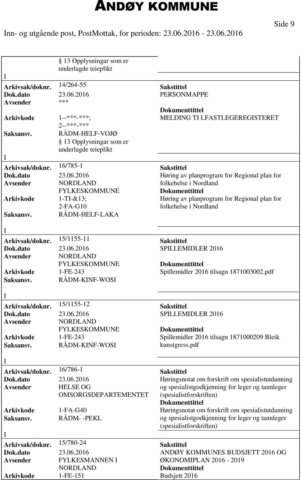 2016 Høring av planprogram for Regional plan for Avsender NORDLAND folkehelse i Nordland FYLKESKOMMNE Arkivkode 1-T-&13; 2-FA-G10 Høring av planprogram for Regional plan for folkehelse i Nordland