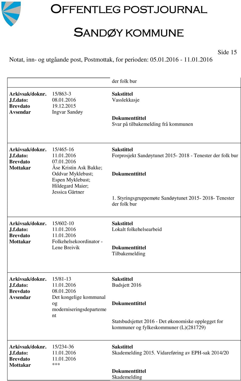 Styringsgruppemøte Sandøytunet 2015-2018- Tenester der folk bur Arkivsak/doknr. 15/602-10 Sakstittel J.f.dato: 11.01.2016 Lokalt folkehelsearbeid Brevdato 11.01.2016 Folkehelsekoordinator - Lene Breivik Tilbakemelding Arkivsak/doknr.