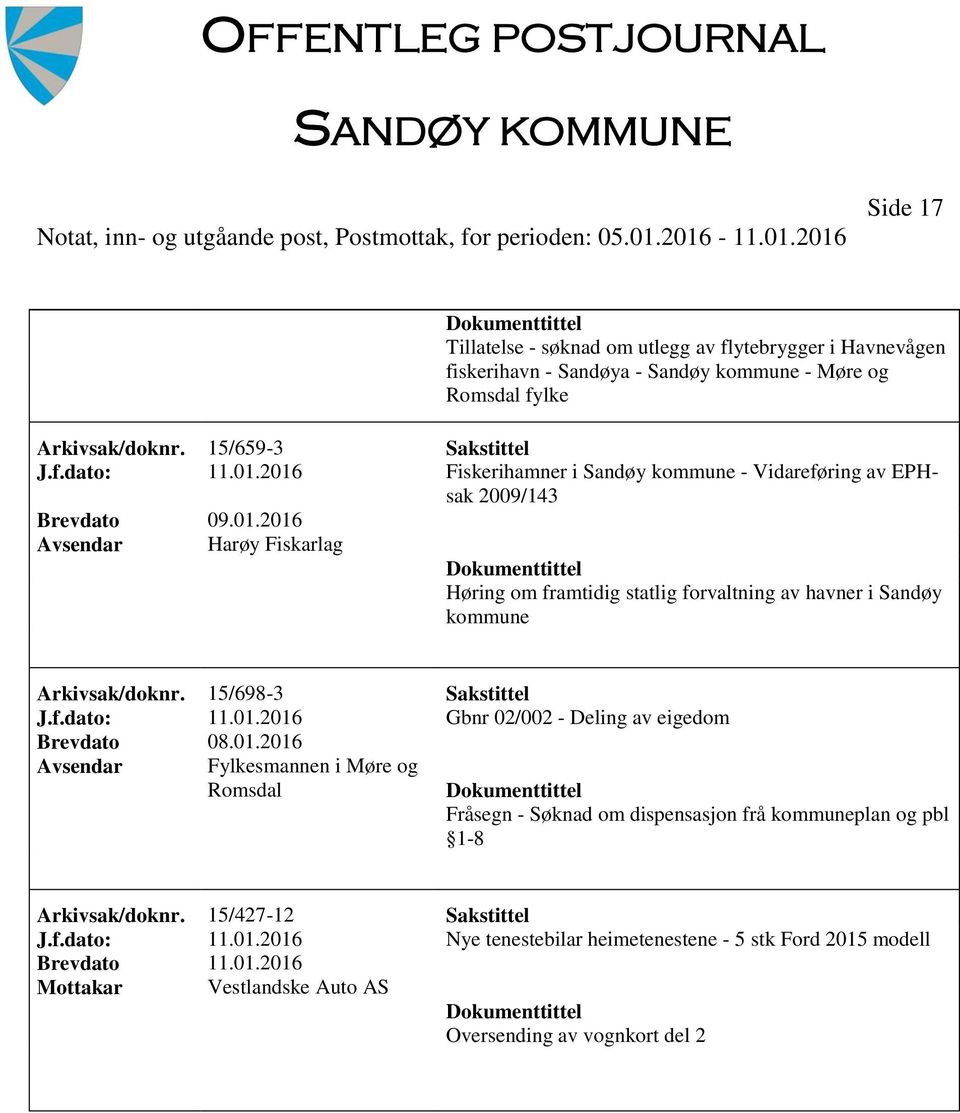 15/698-3 Sakstittel J.f.dato: 11.01.2016 Gbnr 02/002 - Deling av eigedom Brevdato 08.01.2016 Fylkesmannen i Møre og Romsdal Fråsegn - Søknad om dispensasjon frå kommuneplan og pbl 1-8 Arkivsak/doknr.