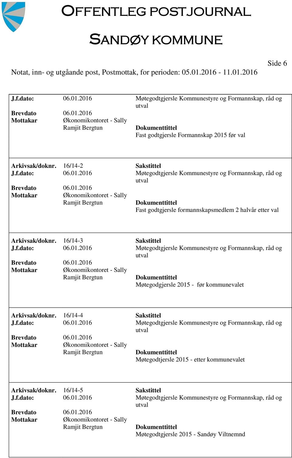 2016 Møtegodtgjersle Kommunestyre og Formannskap, råd og utval Økonomikontoret - Sally Ramjit Bergtun Fast godtgjersle formannskapsmedlem 2 halvår etter val Arkivsak/doknr. 16/14-3 Sakstittel J.f.dato: 06.