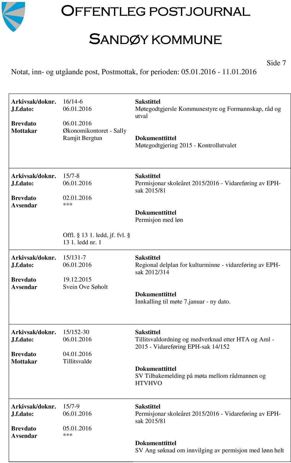 01.2016 Permisjon med løn Arkivsak/doknr. 15/131-7 Sakstittel J.f.dato: 06.01.2016 Regional delplan for kulturminne - vidareføring av EPHsak 2012/314 Brevdato 19.12.2015 Svein Ove Søholt Innkalling til møte 7.