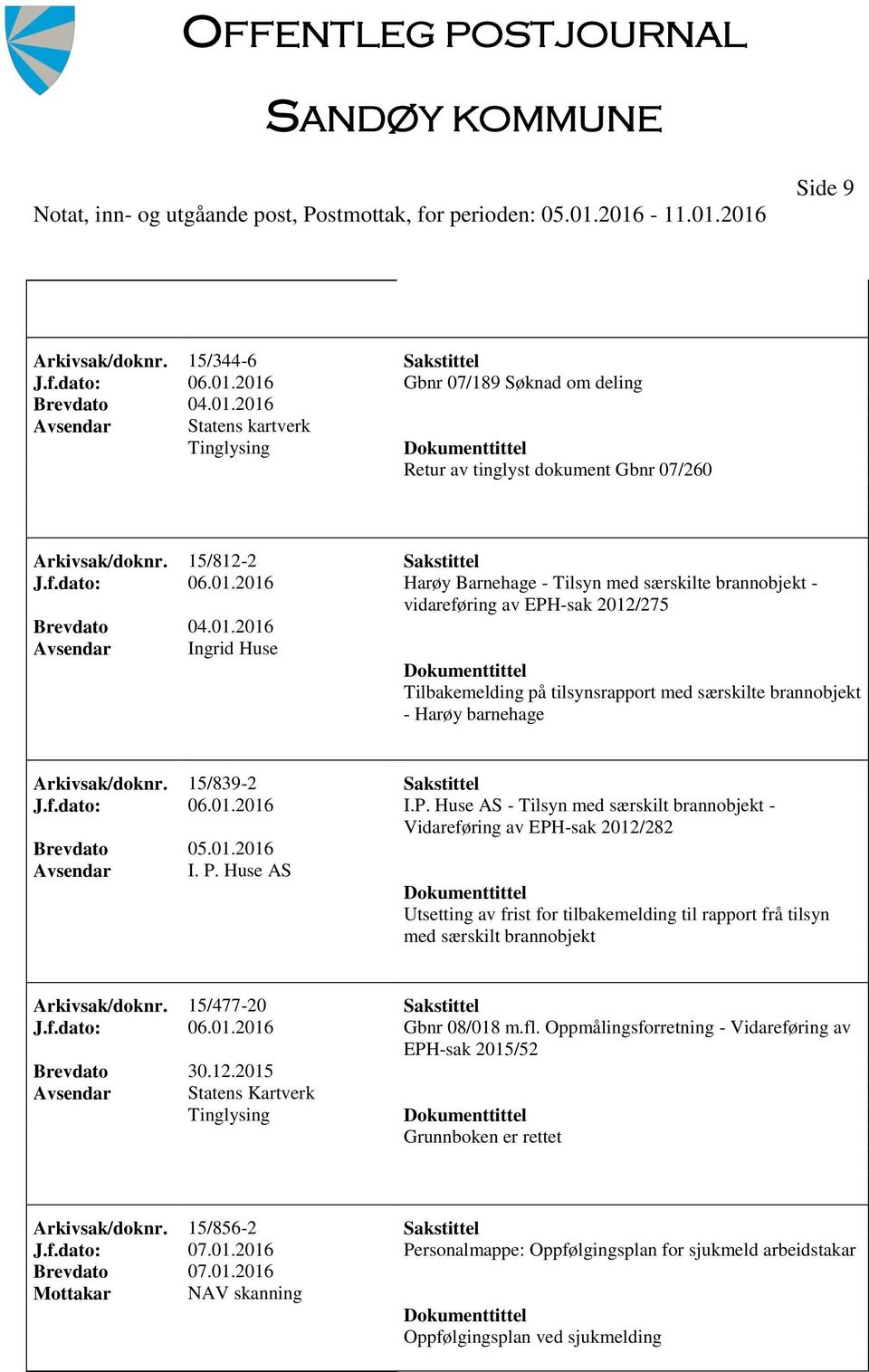 15/839-2 Sakstittel J.f.dato: 06.01.2016 I.P. Huse AS - Tilsyn med særskilt brannobjekt - Vidareføring av EPH-sak 2012/282 I. P.