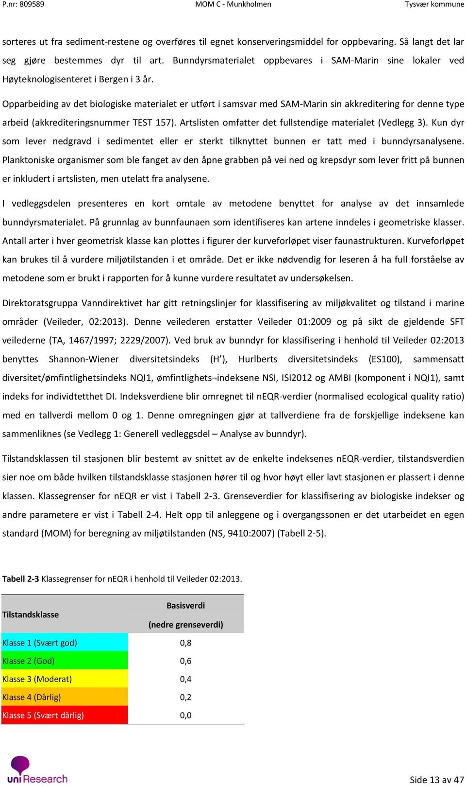 Opparbeiding av det biologiske materialet er utført i samsvar med SAM-Marin sin akkreditering for denne type arbeid (akkrediteringsnummer TEST 157).