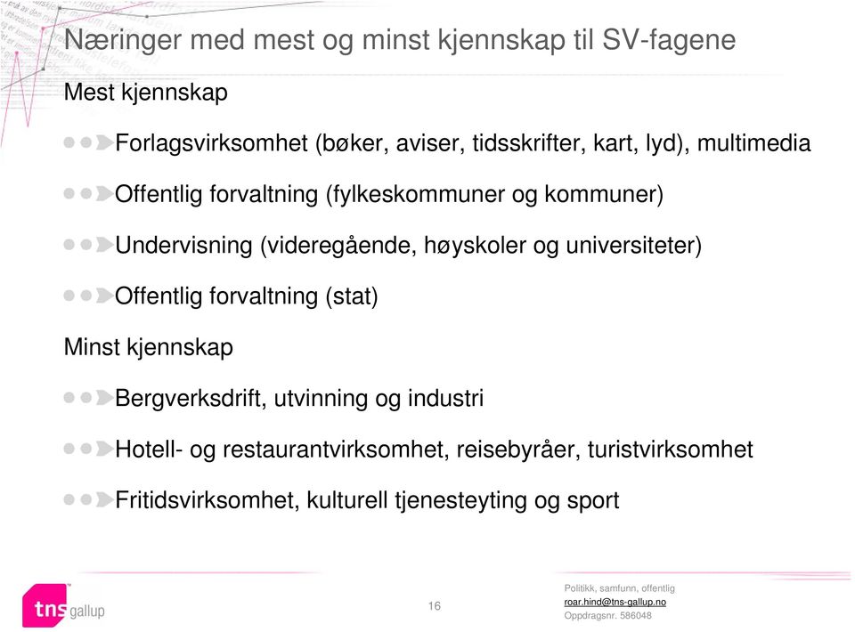 (videregående, høyskoler og universiteter) Offentlig forvaltning (stat) Minst kjennskap Bergverksdrift,