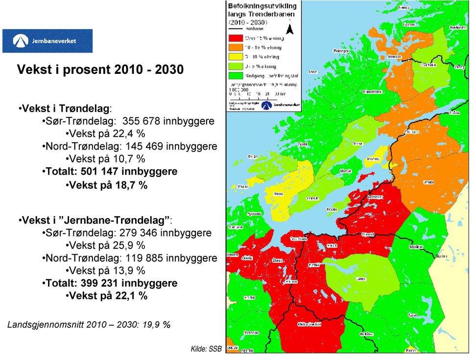 Jernbane-Trøndelag : Sør-Trøndelag: 279 346 innbyggere Vekst på 25,9 % Nord-Trøndelag: 119 885