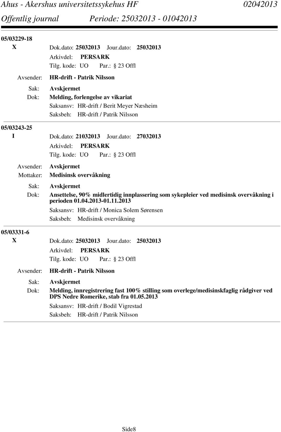 dato: 21032013 Jour.dato: 27032013 Medisinsk overvåkning Ansettelse, 90% midlertidig innplassering som sykepleier ved medisinsk overvåkning i perioden 01.04.2013-01.11.