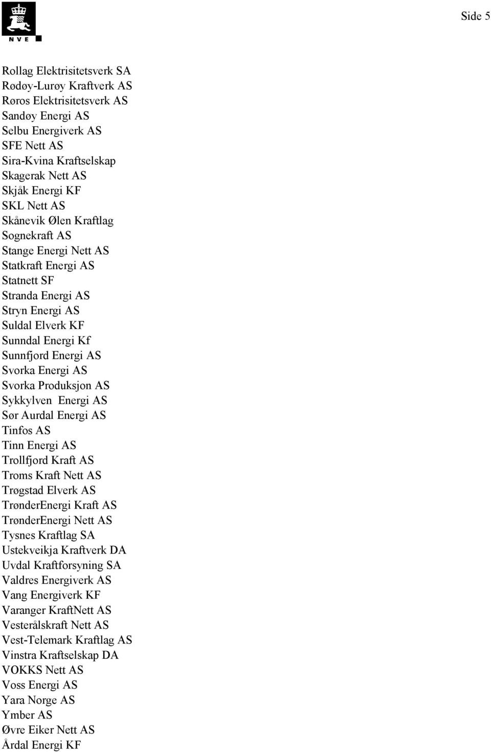 Svorka Produksjon AS Sykkylven Energi AS Sør Aurdal Energi AS Tinfos AS Tinn Energi AS Trollfjord Kraft AS Troms Kraft Nett AS Trøgstad Elverk AS TrønderEnergi Kraft AS TrønderEnergi Nett AS Tysnes
