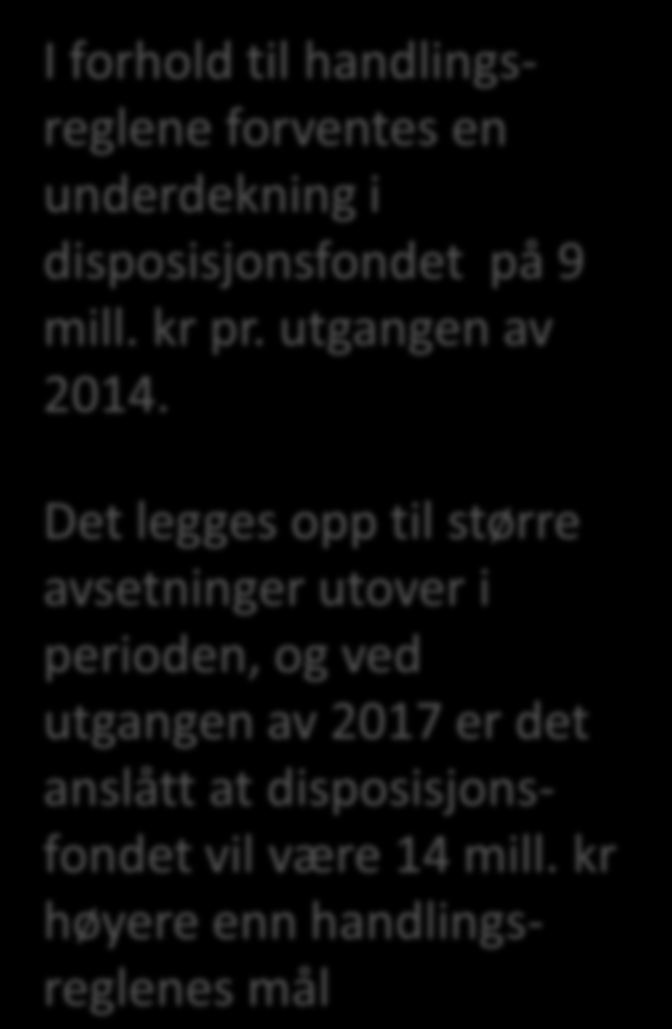 Disposisjonsfondet prognose I forhold til handlingsreglene forventes en underdekning i disposisjonsfondet på 9 mill. kr pr. utgangen av 2014.