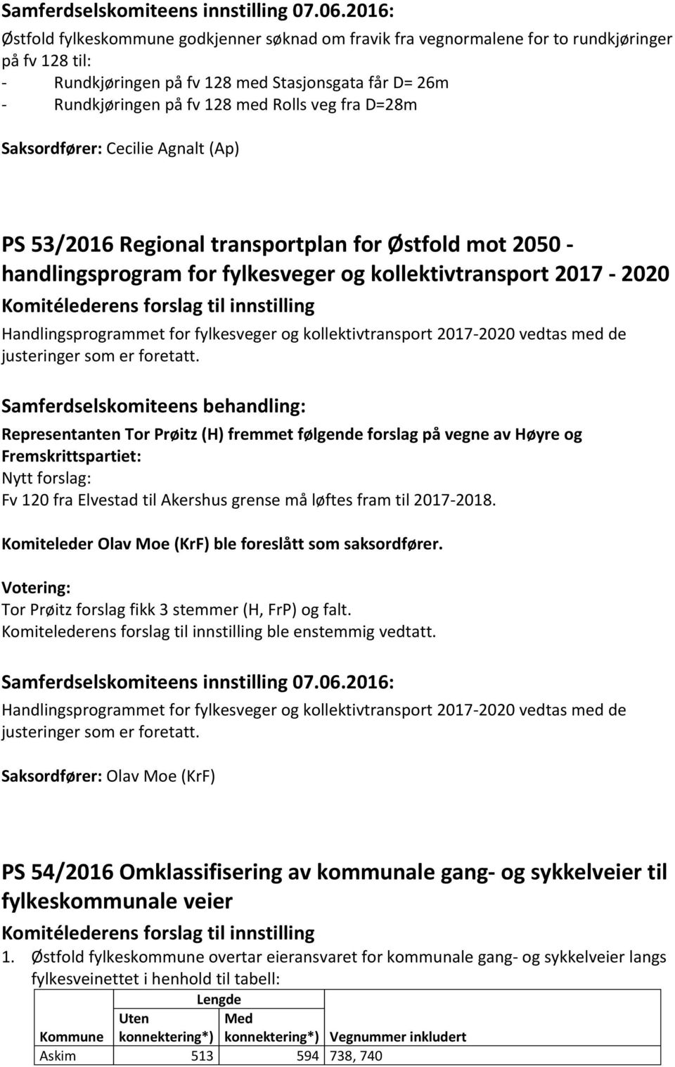 veg fra D=28m Saksordfører: Cecilie Agnalt (Ap) PS 53/2016 Regional transportplan for Østfold mot 2050 - handlingsprogram for fylkesveger og kollektivtransport 2017-2020 Komitélederens forslag til