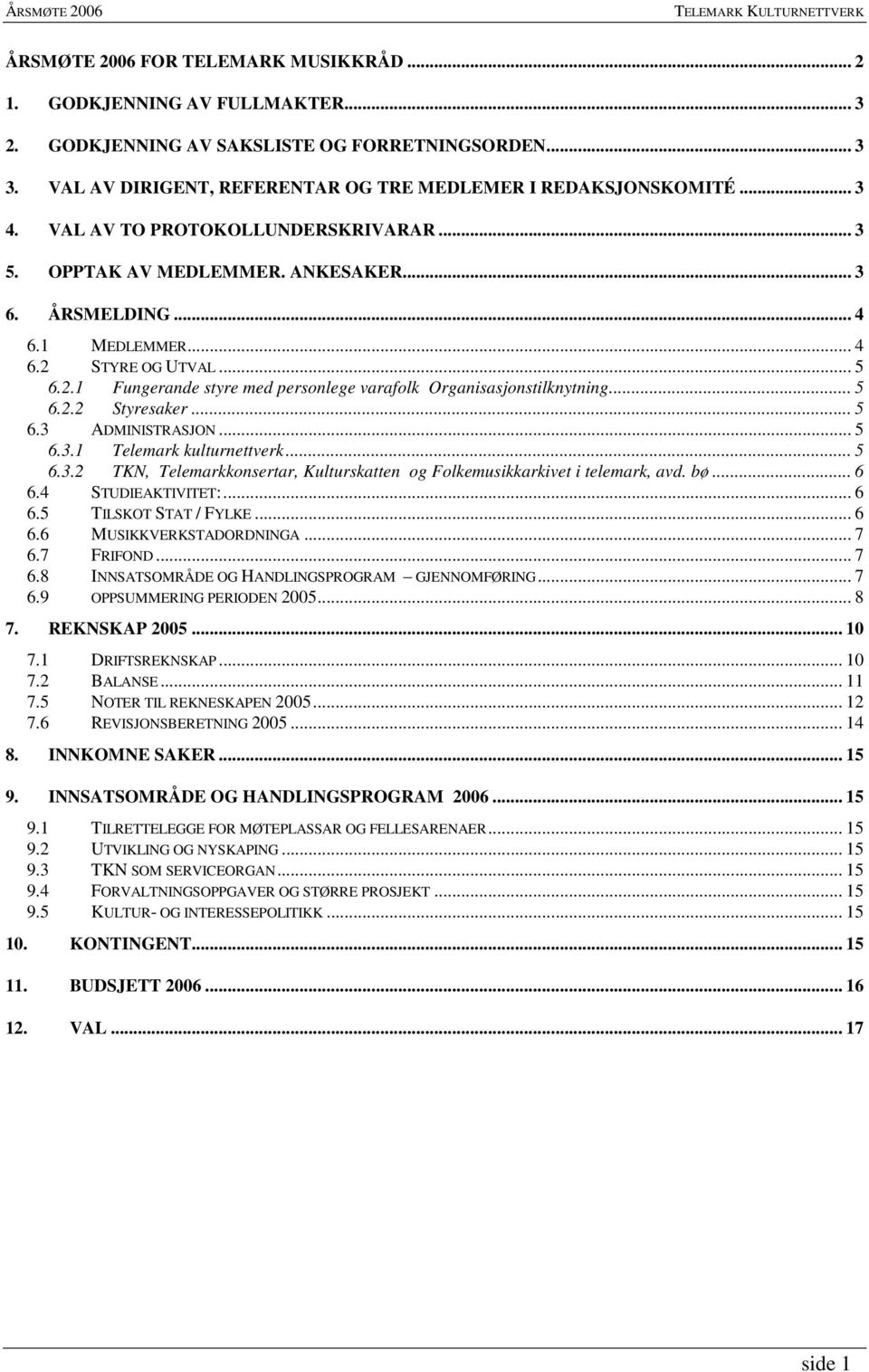 .. 5 6.2.1 Fungerande styre med personlege varafolk Organisasjonstilknytning... 5 6.2.2 Styresaker... 5 6.3 ADMINISTRASJON... 5 6.3.1 Telemark kulturnettverk... 5 6.3.2 TKN, Telemarkkonsertar, Kulturskatten og Folkemusikkarkivet i telemark, avd.