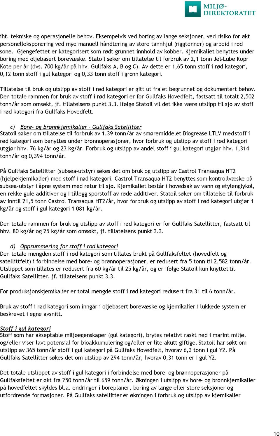 Statoil søker om tillatelse til forbruk av 2,1 tonn Jet-Lube Kopr Kote per år (dvs. 700 kg/år på hhv. Gullfaks A, B og C).