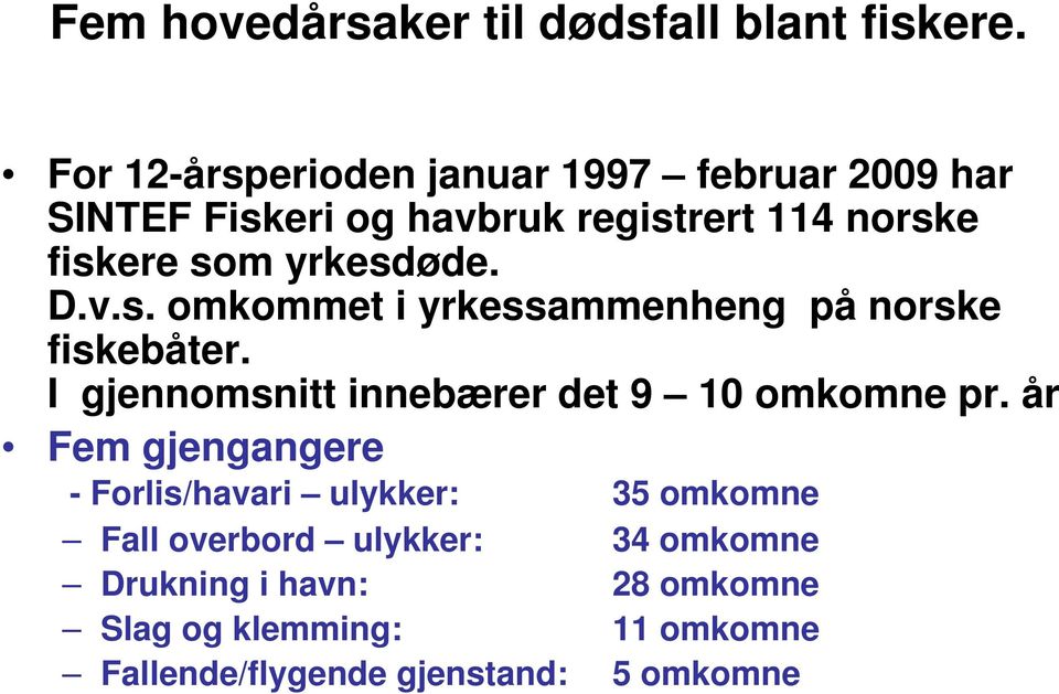 yrkesdøde. D.v.s. omkommet i yrkessammenheng på norske fiskebåter. I gjennomsnitt innebærer det 9 10 omkomne pr.