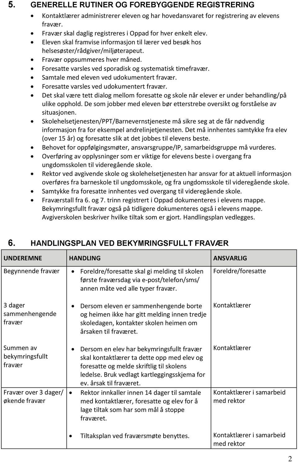 Foresatte varsles ved sporadisk og systematisk timefravær. Samtale med eleven ved udokumentert fravær. Foresatte varsles ved udokumentert fravær.