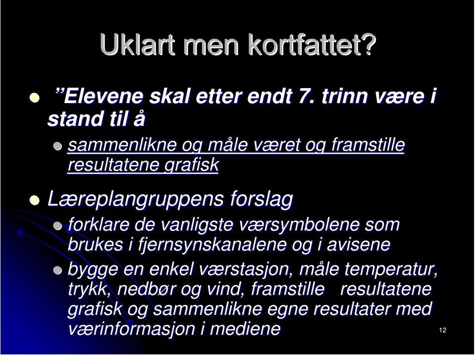 Læreplangruppens forslag forklare de vanligste værsymbolene som brukes i fjernsynskanalene og i