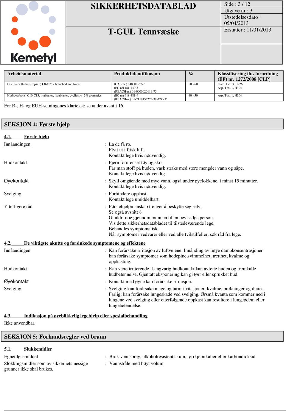 EUH-setningenes klartekst: se under avsnitt 16. 50-60 Flam. Liq. 3, H226 Asp. Tox. 1, H304 40-50 Asp. Tox. 1, H304 SEKSJON 4: Første hjelp 4.1. Første hjelp Innåandingen.