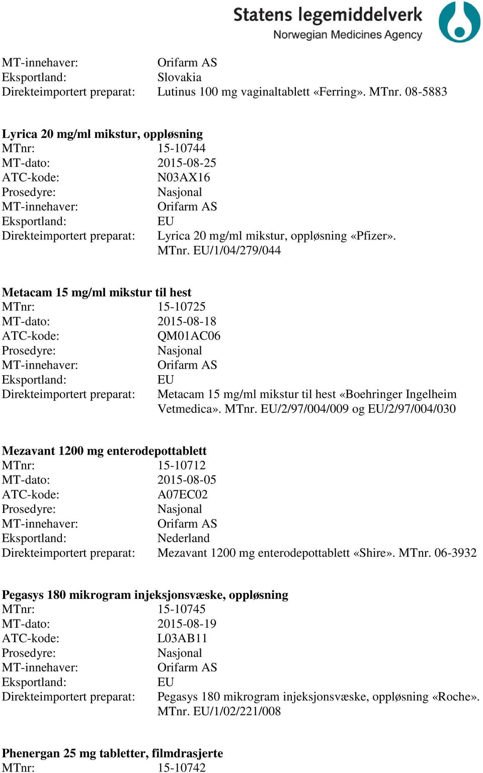 EU/1/04/279/044 Metacam 15 mg/ml mikstur til hest 15-10725 QM01A06 Direkteimportert preparat: EU Metacam 15 mg/ml mikstur til hest «Boehringer Ingelheim Vetmedica». MTnr.