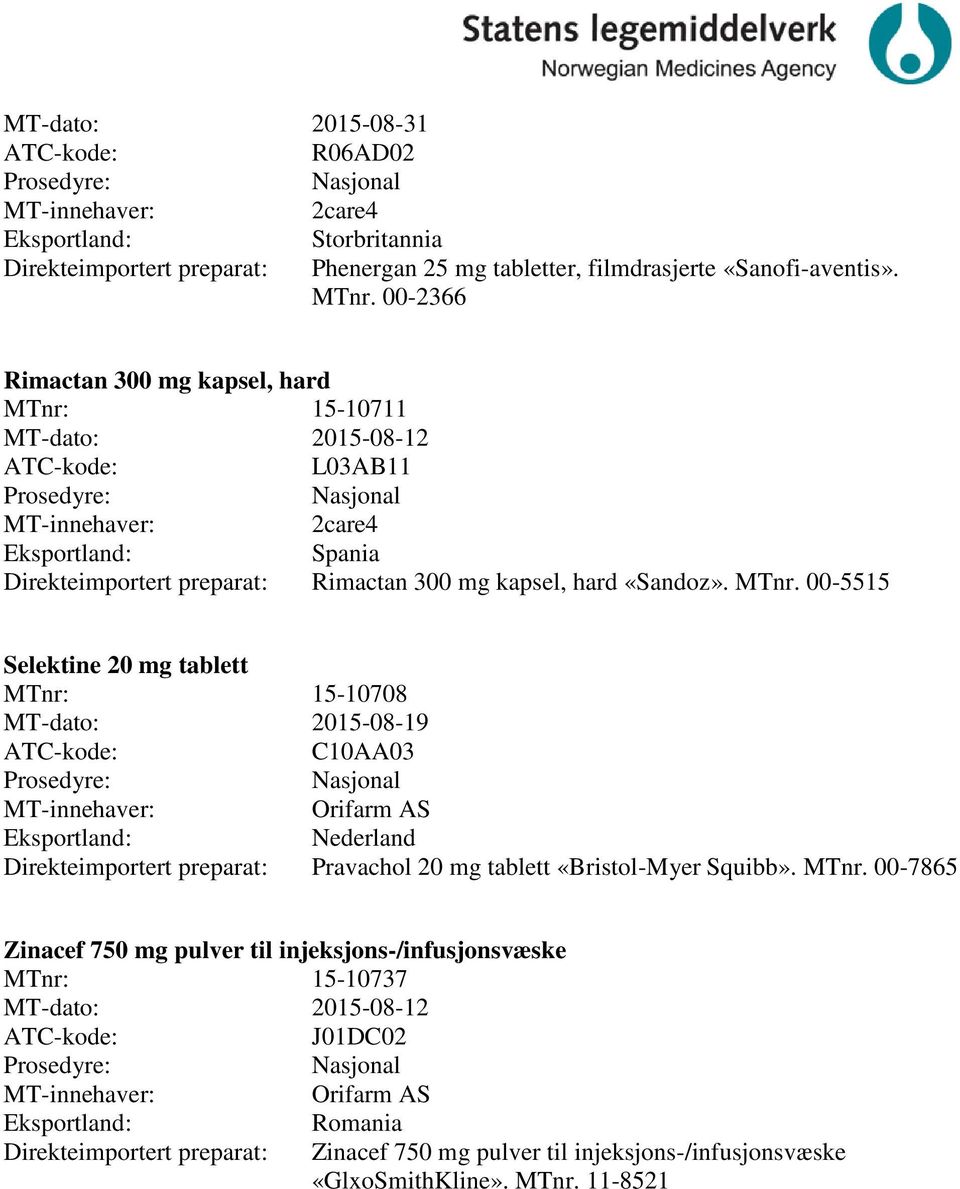 00-5515 Selektine 20 mg tablett 15-10708 MT-dato: 2015-08-19 10AA03 Nederland Direkteimportert preparat: Pravachol 20 mg tablett «Bristol-Myer Squibb». MTnr.