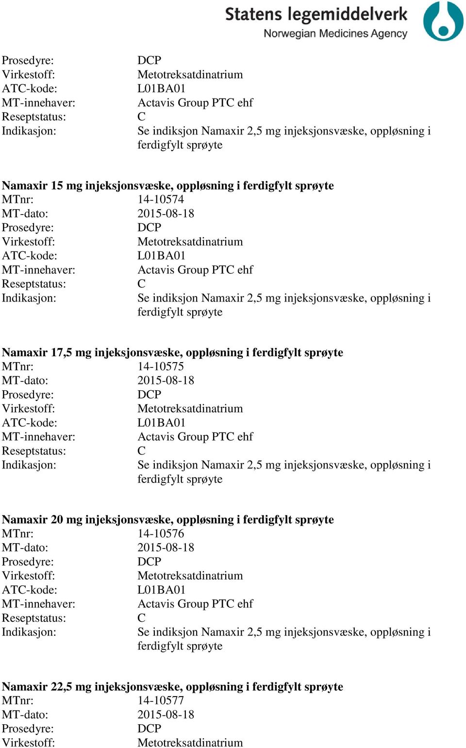 DP Actavis Group PT ehf Namaxir 20 mg injeksjonsvæske, oppløsning i 14-10576