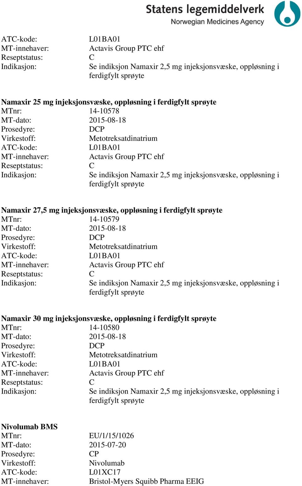 ehf Namaxir 30 mg injeksjonsvæske, oppløsning i 14-10580 DP Actavis Group PT ehf