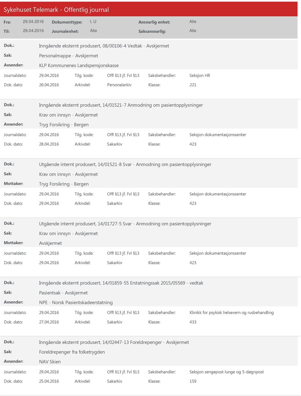 2016 Arkivdel: Sakarkiv tgående internt produsert, 14/01521-8 Svar - Anmodning om pasientopplysninger Tryg Forsikring - Bergen Dok.